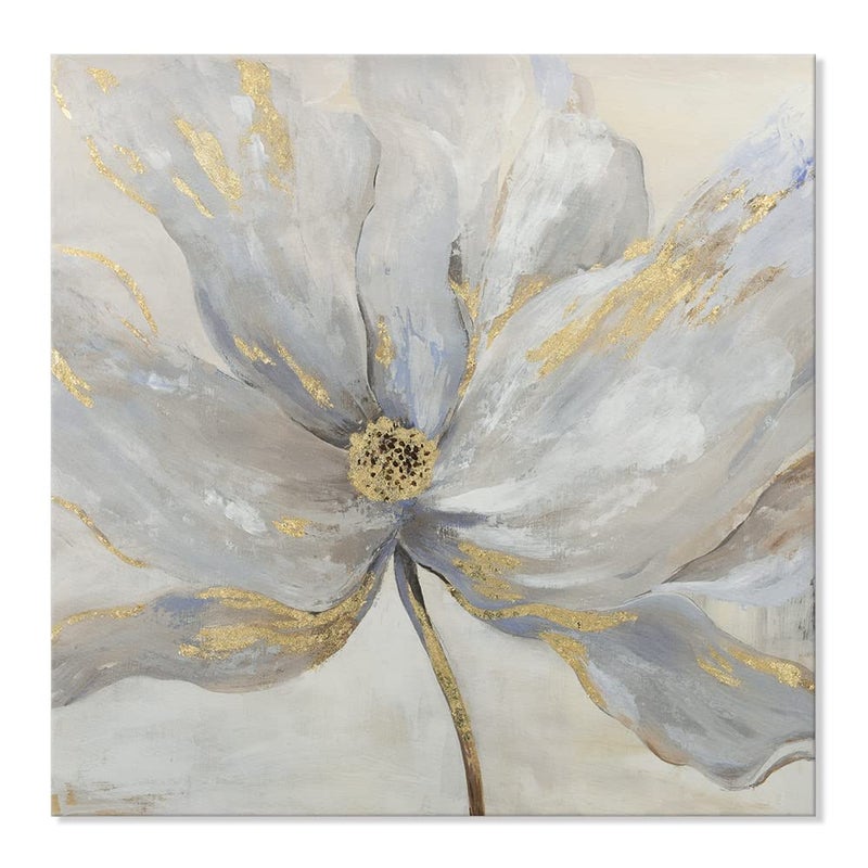 Goldfoilart Floral Wall Art Gold Flower Canvas Pictures with Foil Embellishment Painting Grey Print Framed Artwork for Bedroom Bathroom Living Room Office Wall Decor 24" x 24" - Image 1